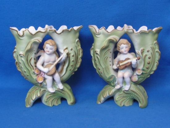 Pair of Porcelain Double Vases with Cherubs – Hand Painted – by Ardalt – Made in Japan