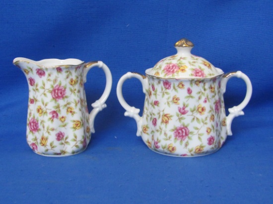 Chintz Porcelain Creamer & Covered Sugar – Made in Japan – Creamer is 3 1/4” tall