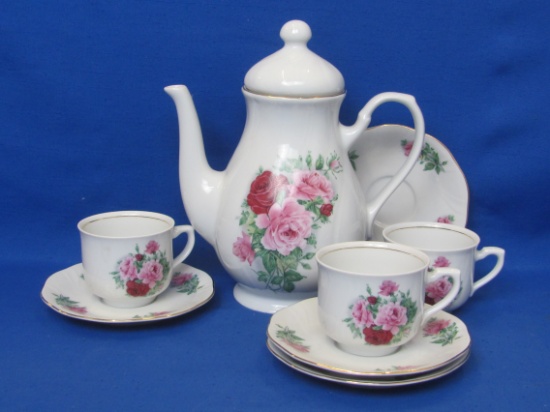 Porcelain Coffee Pot with 3 Cup & Saucer Sets – Maria by Baum Brothers – Pink Roses