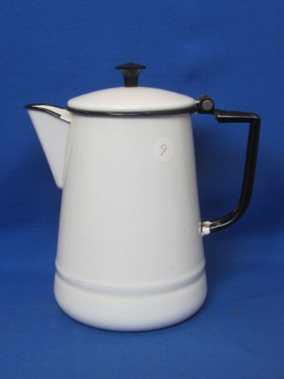 White Enamel Coffee Pot with Black Trim – Plastic Knob – 8 1/2” tall