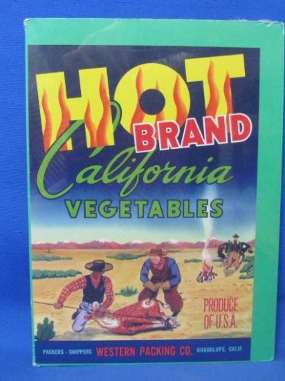 Vintage Label “Hot Brand California Vegetables” with Cowboy Branding Scene – 10” x 7”