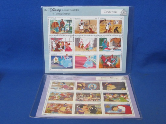 2 Blocks of Disney Stamps – Cinderella & Snow White – Grenada 30¢ - With COAs