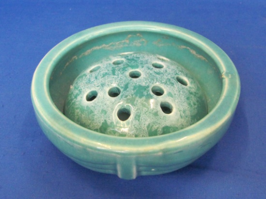 Turquoise Glazed Pottery Bowl with Flower Frog – 6 1/4” in diameter – Unknown Maker