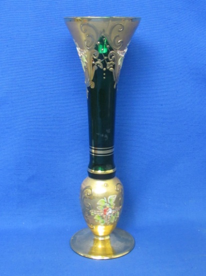 Emerald Green Glass Vase – Heavy Gold Trim – Painted Floral Design – 9 7/8” tall