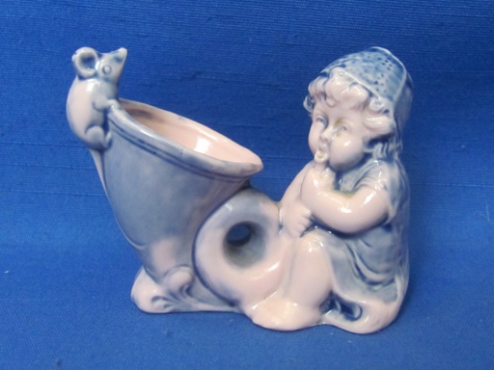 Porcelain Toothpick? Holder – Blue & Pink – Boy with Horn & Mouse – Guessing made in Germany