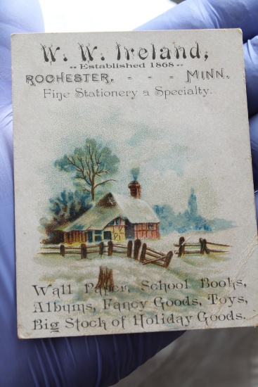 Ca. 1800's W.W. Ireland Stationery Store Advertising Trade Card Rochester Minn.