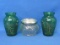 2 Small Emerald Green Glass Vases w Gold Accents – Avon Jar w Silvertone Lid