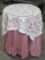 3-Legged Wood Decorator Table w Pink Tablecloth, White Lace Topper & Glass Cover