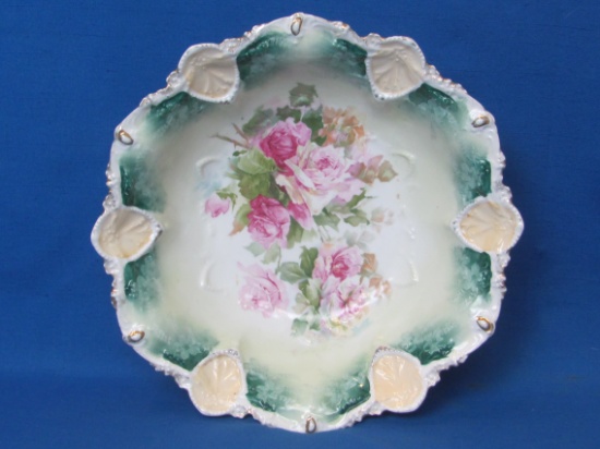 RS Prussia Bowl – Embossed Design – Pink Roses – Green Border – 10 1/2” in diameter