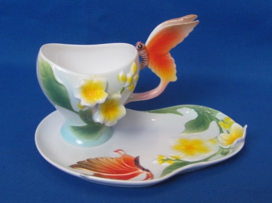 Pretty Porcelain Cup & Saucer Set by Drant – Butterfly & Flowers – Saucer is 7” long