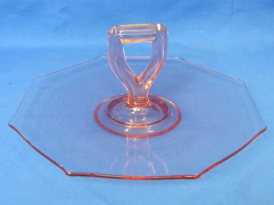 Pink Depression Glass Tray w Center Handle – Octagonal – 12” in diameter