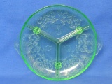Green Depression Glass Divided Relish Dish – 3 Feet & Handles – Pretty Pattern – 7 1/2” in diameter