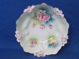Unmarked RS Prussia Bowl – Embossed Floral – Pink & Yellow Roses – 10 1/2” in diameter
