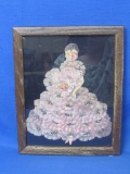 Vintage Framed Paper Doll – Pink Fabric Dress – Wood Frame is 11” x 9 1/4“
