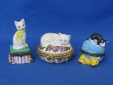3 Hinged Porcelain Trinket Boxes with a Cat Motif – Tallest is 2 1/2”