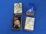 4 Metal Matchbox Covers with Porcelain Tops – All Different – 1 3/4” long