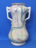Tall Handled Japanese Moriage Vase – Bird w Flowering Tree – 12” tall