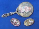 3 Mirrors: 2 Pocket Size with Girl's Faces – Goldtone Hand Mirror w Victorian Children