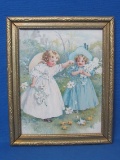 Framed Book Illustration of Victorian Children – Info on the back – Wood frame is 8 1/4” x 6 3/4”