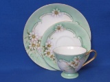 Hand Painted Porcelain Cup, Saucer & Plate Set – Signed 1958 – Green w White Flowers