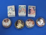 3 Matchboxes – 4 Small Round Tins – All with Woman or Girls – Tins are 1 1/2” in diameter