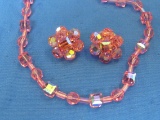 Necklace & Clip-on Earring Set – Iridescent Pink Crystal Beads – Necklaces is 21” long