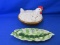Lot Of 2 Kitchen Decor Pottery – Nested Hen Covered Dish 9 ¼”Lx8¼”Wx7”H & 12”L Pea Pod Plate