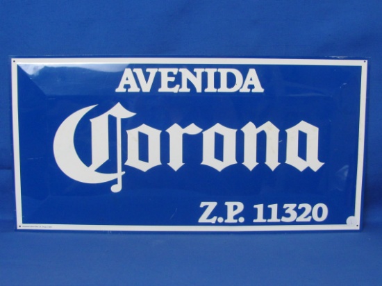 Tin Metal Beer Sign “Avenida Corona” - Blue & White – 24” x 12” - Slightly beveled