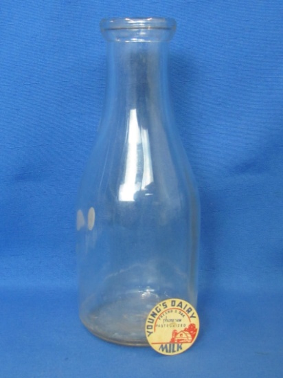1 Quart Glass Milk Bottle with Cardboard Cap “Young's Dairy Presho, S. Dak. Phone 54W”