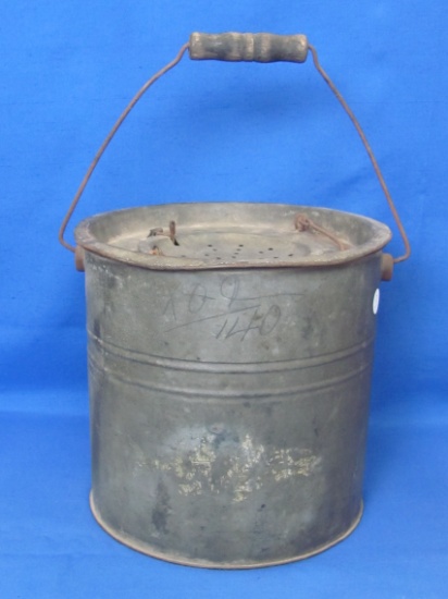 Vintage Metal Minnow or Bait Bucket – Wood Handle – 9 1/4” tall – No decal left