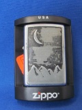 2001 Zippo Lighter – Crescent Moon over Mountains – Sparks – w Case & Instructions