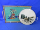 Lot Of 2 Trays – Mexicana Style 18”L x 12”W & Landscape With Cabin 11 ½” Diameter Edge Dents