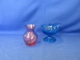 Mixed Lot – 1 Bohemian Cut Glass 4 ½” Vase & 1 Blue Scalloped Edge 3 ¾”H Compote -