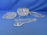 Mixed Lot Of 5 Clear Glass – Spoon & Meat Fork – 2 Handled Dishes – 1 Foot Bowl 6” Diameter -