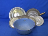 Large Mixed Lot – 9 Lids – 1 Wire Lid Holder – 1 Wood Handle Strainer – 1 Enamelware 11¼” Bowl