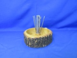 Vintage Carved Log Nut Bowl 2 ½”H x 7” Diameter With Cracker & 4 Picks -