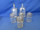 Mixed Lot Of 6 – 4 Hazel Atlas 5” Bale Jars (1 With Lid) & 2 Pint Bottles 8 ¼”H (1 With Cork) -