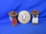 Lot Of 3 Carved Wood Art 6”H Pair Mexicana (Stick) & 5 ¾” Western (Pillar) Flip-Top Candle Holders -