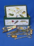 James Heddon & Sons Tin Box – Various Can/Bottle/Paint Openers – Many Advertising