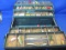 Metal Tackle Box Full of Goodies: Lures, Floating Fish Knife, Bobbers, Fish Mitt & more