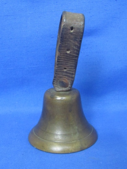 Nice Brass Bell with Leather Handle Strap – About 5 1/2” tall – good sound