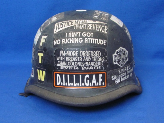 Vintage Motorcycle Helmet – Many Stickers (Decorated after Helmet Laws Passed?)