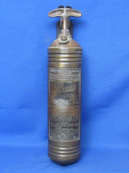 Brass Pyrene Fire Extinguisher – One Quart Pump Type – With Metal Wall Mount - 13 3/4” long