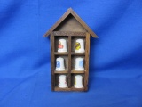 Porcelain Advertisment Thimbles With Wood Display Case
