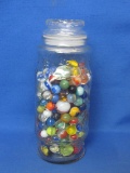 Lot of 200+ Glass Marbles in 1980 Mr. Peanut Jar – Jar is 9 1/2” tall – 7 Shooters