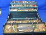 Metal Tackle Box Full of Goodies: Lures, Floating Fish Knife, Bobbers, Fish Mitt & more