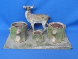 Antique Tin Desk Set? Ink Well – Deer by Stumps – 10” x 6 1/4” - Metal inserts in stumps