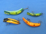 4 Fishing Lures: Lazy Ikes – Longest is 3 1/2” - 1 is unmarked, made of wood