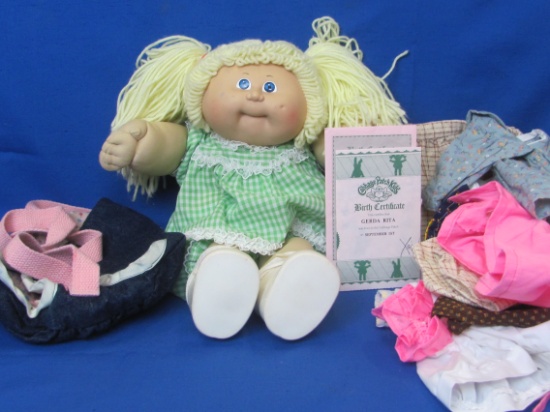 1980s Cabbage Patch Doll with Birth Certificate & Clothes – Doll Carrier – Doll is 15” tall