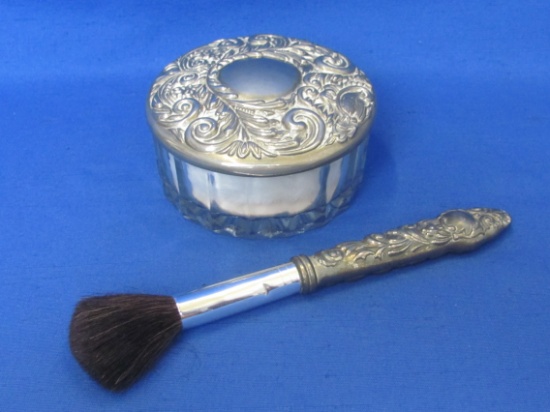 Glass Powder Jar w Silverplate Lid – Makeup Brush w Silverplate Handle – Jar is 3 1/2” in diameter